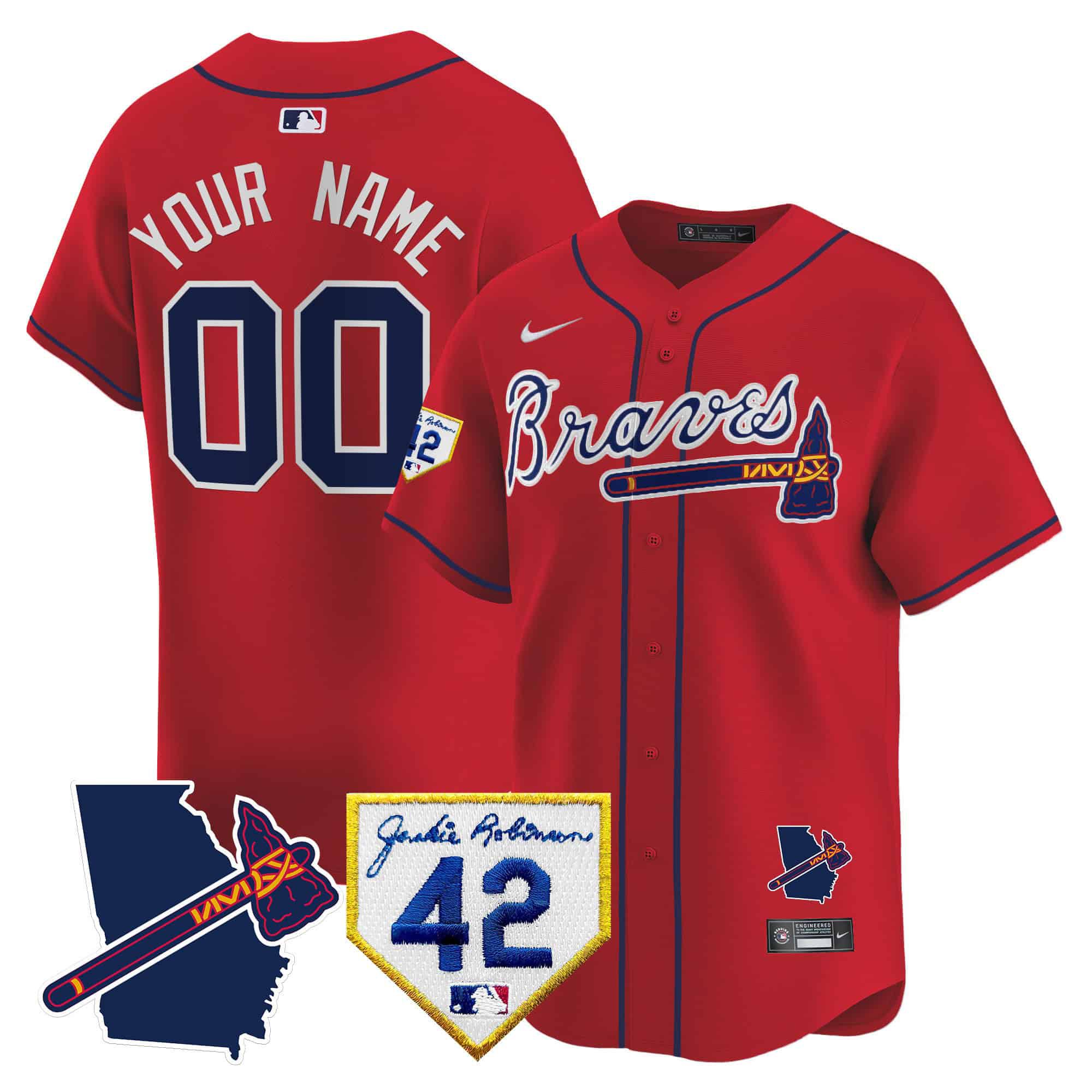 Men Atlanta Braves Red Nike 2024 Robinson & Georgia Patch Vapor Premier Limited Custom MLB Jersey